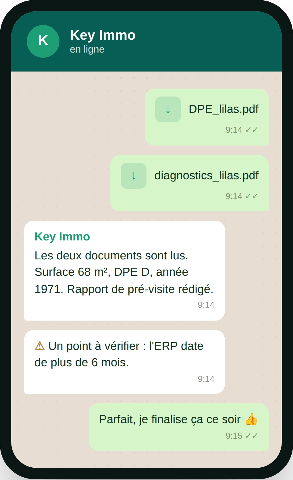 Conversation WhatsApp Key Immo — l'agent envoie des documents et reçoit un rapport de pré-visite structuré.